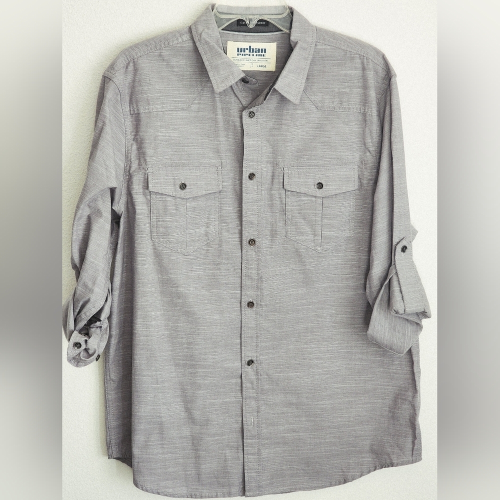 Urban Pipeline Men's Gray Long Sleeve Roll Tab Button-down Pockets Yolk Sz Large